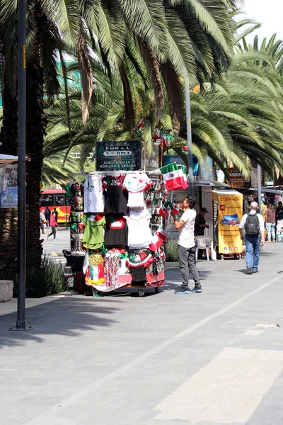 墨西哥墨西哥城 2023年9月6日 街头摊档出售墨西哥三色旗 帽子和其他国家级商品 — 图库照片