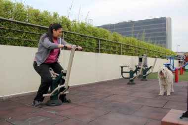 40 yaşındaki Latin kadın depresyon ve kaygısının üstesinden gelmek için evinin çatı bahçesinde duygusal destek köpeği eşliğinde egzersiz yapıyor.