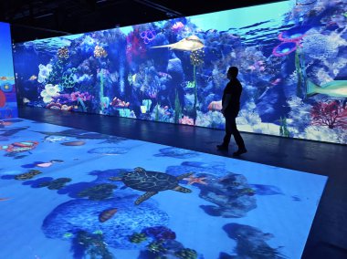 Mexico City, Mexico - 28 Şubat 2024: Iztapalapa 'daki Barco Utopia' nın içinde Latin Amerika 'daki en büyük etkileşimli dijital akvaryum bulunmaktadır.