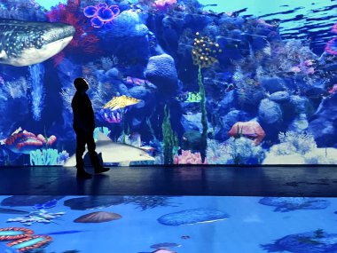 Mexico City, Mexico - Feb 28 2024: Inside the Barco Utopia in Iztapalapa is the largest interactive digital aquarium in Latin America clipart