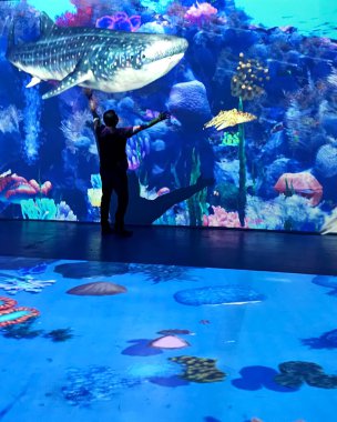 Mexico City, Mexico - Feb 28 2024: Inside the Barco Utopia in Iztapalapa is the largest interactive digital aquarium in Latin America clipart