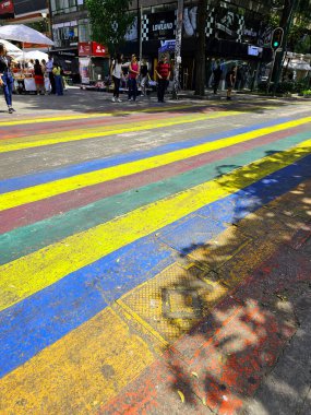 Mexico City, Mexico - 12 Haziran 2024: CDMX 'in Zona Rosa' sında gey bayrağının renkleriyle yaya geçidi, LGBTQ + topluluğunun buluşma yeri
