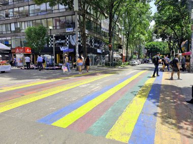 Mexico City, Mexico - 12 Haziran 2024: CDMX 'in Zona Rosa' sında gey bayrağının renkleriyle yaya geçidi, LGBTQ + topluluğunun buluşma yeri