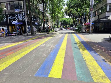 Mexico City, Mexico - 12 Haziran 2024: CDMX 'in Zona Rosa' sında gey bayrağının renkleriyle yaya geçidi, LGBTQ + topluluğunun buluşma yeri