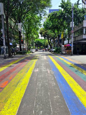 Mexico City, Mexico - 12 Haziran 2024: CDMX 'in Zona Rosa' sında gey bayrağının renkleriyle yaya geçidi, LGBTQ + topluluğunun buluşma yeri
