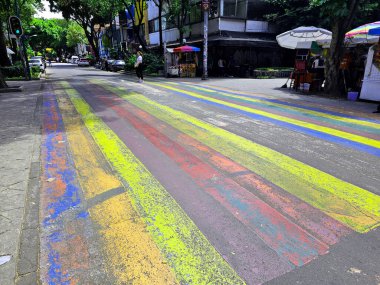 Mexico City, Mexico - 12 Haziran 2024: CDMX 'in Zona Rosa' sında gey bayrağının renkleriyle yaya geçidi, LGBTQ + topluluğunun buluşma yeri