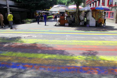 Mexico City, Mexico - 12 Haziran 2024: CDMX 'in Zona Rosa' sında gey bayrağının renkleriyle yaya geçidi, LGBTQ + topluluğunun buluşma yeri