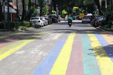Mexico City, Mexico - 12 Haziran 2024: CDMX 'in Zona Rosa' sında gey bayrağının renkleriyle yaya geçidi, LGBTQ + topluluğunun buluşma yeri