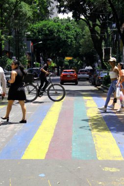 Mexico City, Mexico - 12 Haziran 2024: CDMX 'in Zona Rosa' sında gey bayrağının renkleriyle yaya geçidi, LGBTQ + topluluğunun buluşma yeri