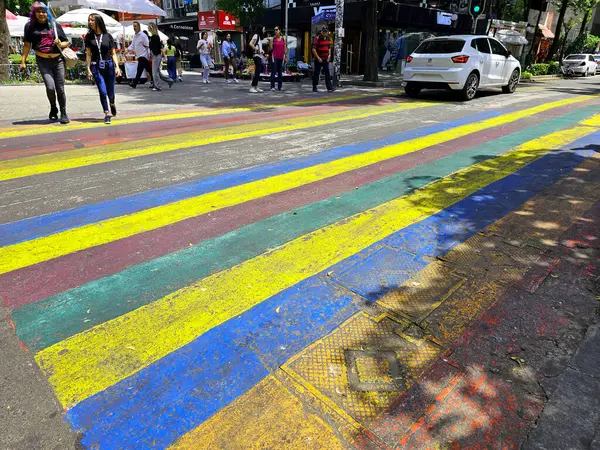 Mexico City, Mexico - 12 Haziran 2024: CDMX 'in Zona Rosa' sında gey bayrağının renkleriyle yaya geçidi, LGBTQ + topluluğunun buluşma yeri