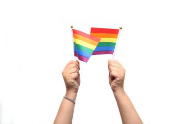 Eller LGBTQ +, gay, gökkuşağı, gurur ve çeşitlilik bayrağını gösterir, ayrımcılık ve zulme uğramış hareketlerin, cinsel yönelimlerin ve cinsiyet kimliklerinin çok renkli bir sembolüdür.