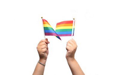 Eller LGBTQ +, gay, gökkuşağı, gurur ve çeşitlilik bayrağını gösterir, ayrımcılık ve zulme uğramış hareketlerin, cinsel yönelimlerin ve cinsiyet kimliklerinin çok renkli bir sembolüdür.