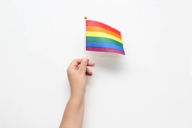 Eller LGBTQ +, gay, gökkuşağı, gurur ve çeşitlilik bayrağını gösterir, ayrımcılık ve zulme uğramış hareketlerin, cinsel yönelimlerin ve cinsiyet kimliklerinin çok renkli bir sembolüdür.