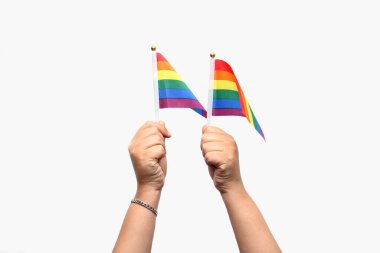 Eller LGBTQ +, gay, gökkuşağı, gurur ve çeşitlilik bayrağını gösterir, ayrımcılık ve zulme uğramış hareketlerin, cinsel yönelimlerin ve cinsiyet kimliklerinin çok renkli bir sembolüdür.