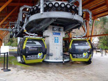 British Columbia, Squamish, Kanada - 15 Aralık 2022: Deniz 'den Sky Gondola' ya kadar Kanada 'nın Britanya Kolumbiyası' ndaki Howe Sound kıyı ormanlarının ve dağlarının panoramik görüntülerini sunan bir kulübe gezisi