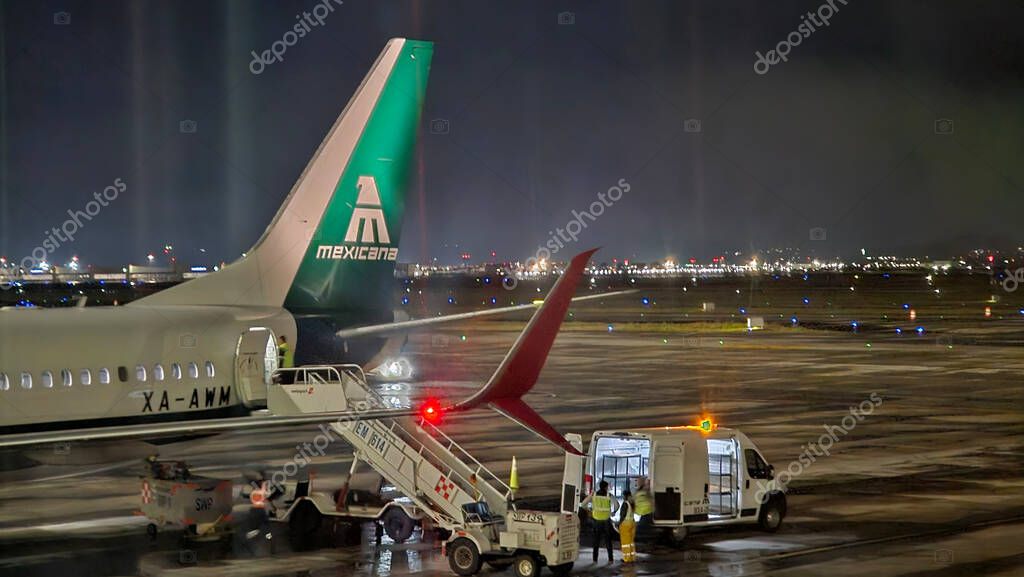 Zumpango, Mexico State, Mexico - Oct 26 2024: Mexicana airline with internal flights within Mexico with counter and offices inside the AIFA