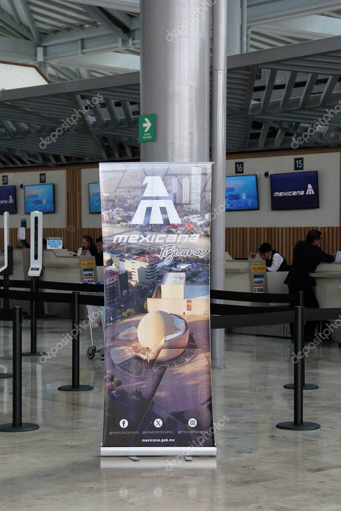Zumpango, Mexico State, Mexico - Oct 26 2024: Mexicana airline with internal flights within Mexico with counter and offices inside the AIFA