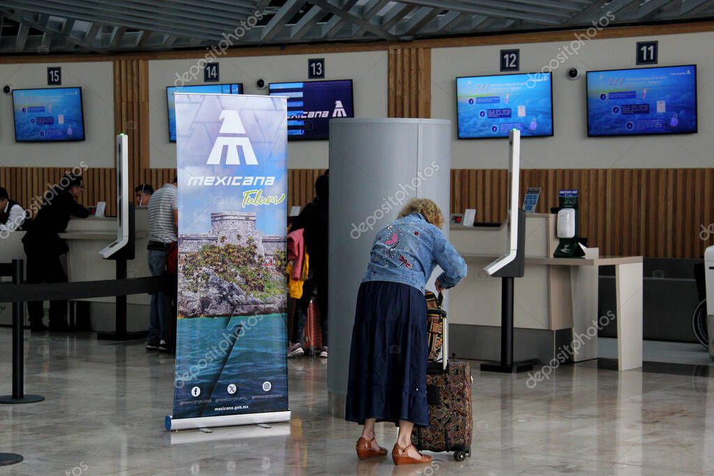 Zumpango, Mexico State, Mexico - Oct 26 2024: Mexicana airline with internal flights within Mexico with counter and offices inside the AIFA