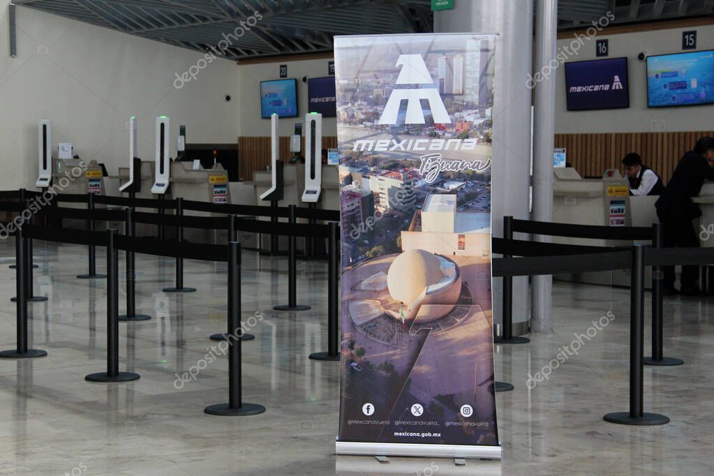 Zumpango, Mexico State, Mexico - Oct 26 2024: Mexicana airline with internal flights within Mexico with counter and offices inside the AIFA