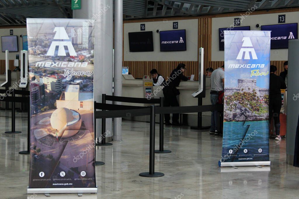 Zumpango, Mexico State, Mexico - Oct 26 2024: Mexicana airline with internal flights within Mexico with counter and offices inside the AIFA
