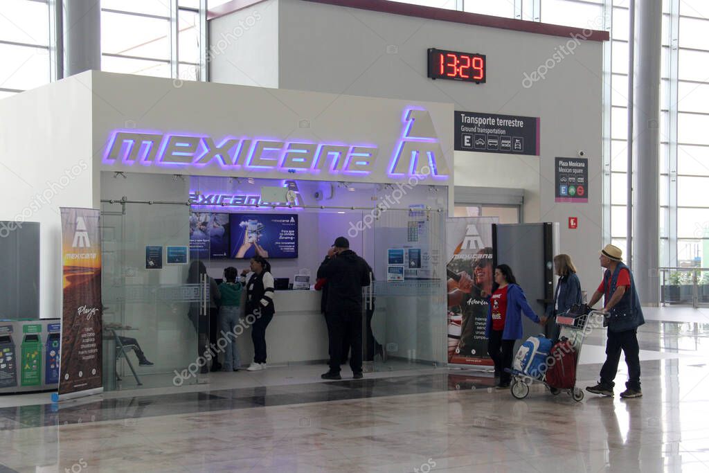 Zumpango, Mexico State, Mexico - Oct 26 2024: Mexicana airline with internal flights within Mexico with counter and offices inside the AIFA