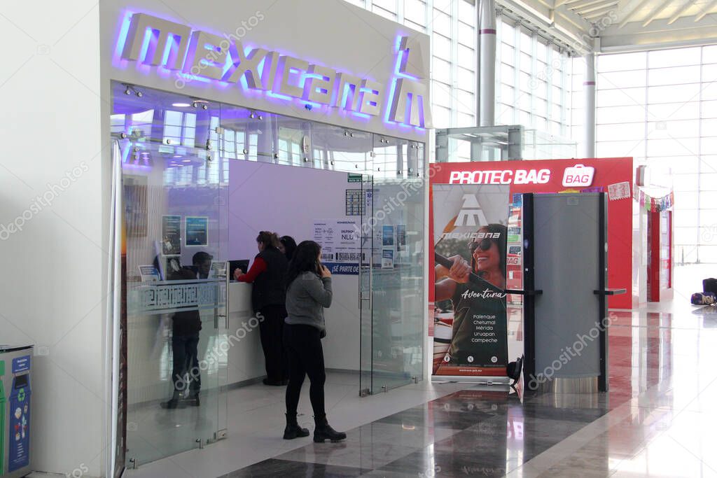Zumpango, Mexico State, Mexico - Oct 26 2024: Mexicana airline with internal flights within Mexico with counter and offices inside the AIFA