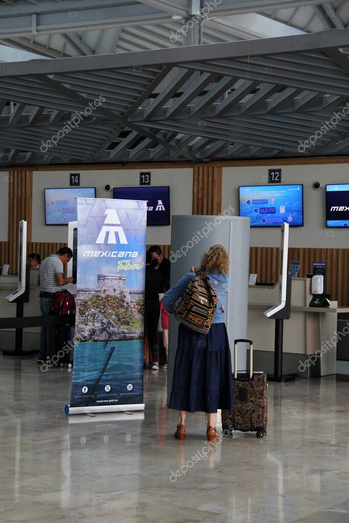 Zumpango, Mexico State, Mexico - Oct 26 2024: Mexicana airline with internal flights within Mexico with counter and offices inside the AIFA