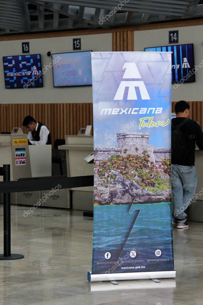 Zumpango, Mexico State, Mexico - Oct 26 2024: Mexicana airline with internal flights within Mexico with counter and offices inside the AIFA