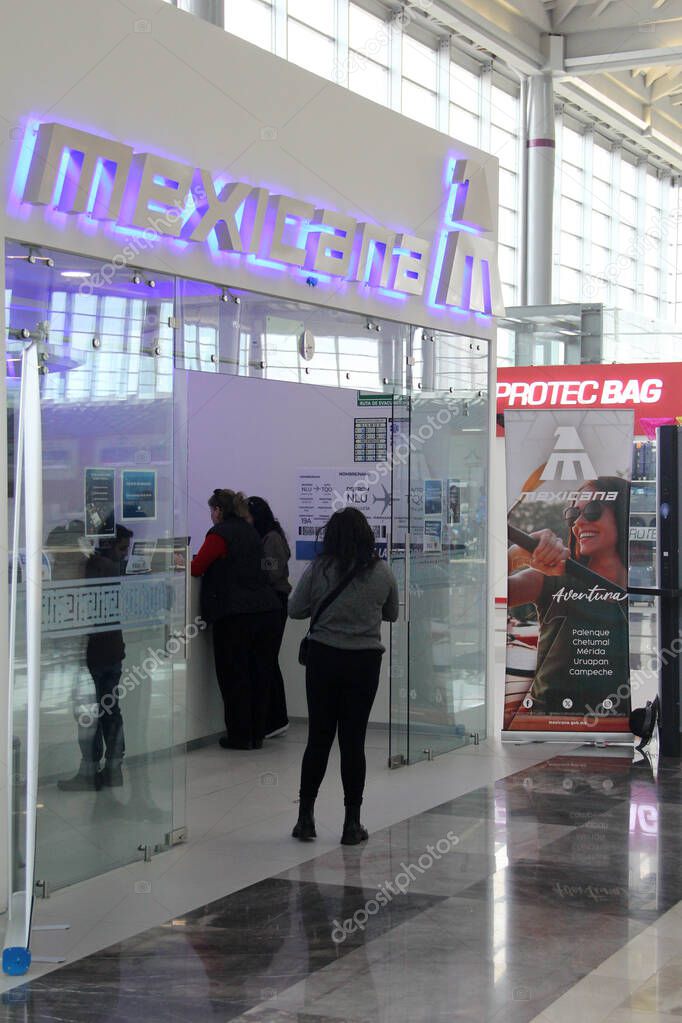 Zumpango, Mexico State, Mexico - Oct 26 2024: Mexicana airline with internal flights within Mexico with counter and offices inside the AIFA