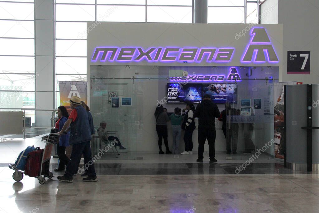 Zumpango, Mexico State, Mexico - Oct 26 2024: Mexicana airline with internal flights within Mexico with counter and offices inside the AIFA