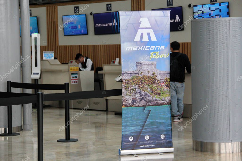 Zumpango, Mexico State, Mexico - Oct 26 2024: Mexicana airline with internal flights within Mexico with counter and offices inside the AIFA