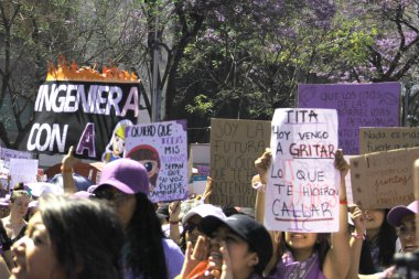 Mexico City, Meksika - 8 Mart 2025: Uluslararası Kadınlar Günü anısına Meksika 'da şiddet olaylarına son verilmesini ve taciz ve kadın cinayetlerine son verilmesini talep eden pankart