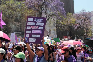 Mexico City, Meksika - 8 Mart 2025: Uluslararası Kadınlar Günü anısına Meksika 'da şiddet olaylarına son verilmesini ve taciz ve kadın cinayetlerine son verilmesini talep eden pankart