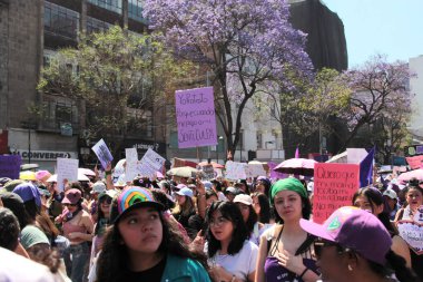 Mexico City, Meksika - 8 Mart 2025: Uluslararası Kadınlar Günü anısına Meksika 'da şiddet olaylarına son verilmesini ve taciz ve kadın cinayetlerine son verilmesini talep eden pankart