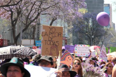 Mexico City, Meksika - 8 Mart 2025: Uluslararası Kadınlar Günü anısına Meksika 'da şiddet olaylarına son verilmesini ve taciz ve kadın cinayetlerine son verilmesini talep eden pankart