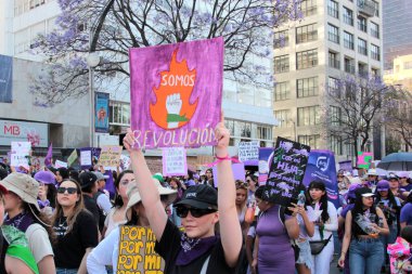 Mexico City, Meksika - 8 Mart 2025: Uluslararası Kadınlar Günü anısına Meksika 'da şiddet olaylarına son verilmesini ve taciz ve kadın cinayetlerine son verilmesini talep eden pankart
