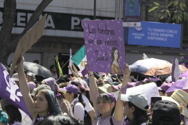 Mexico City, Meksika - 8 Mart 2025: Uluslararası Kadınlar Günü anısına Meksika 'da şiddet olaylarına son verilmesini ve taciz ve kadın cinayetlerine son verilmesini talep eden pankart