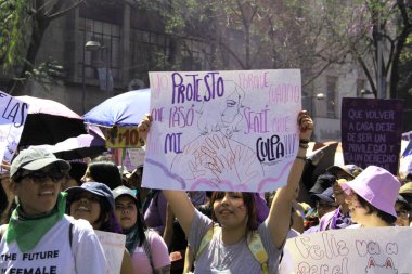 Mexico City, Meksika - 8 Mart 2025: Uluslararası Kadınlar Günü anısına Meksika 'da şiddet olaylarına son verilmesini ve taciz ve kadın cinayetlerine son verilmesini talep eden pankart