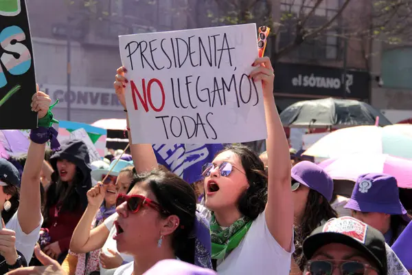 Mexico City, Meksika - 8 Mart 2025: Uluslararası Kadınlar Günü anısına Meksika 'da şiddet olaylarına son verilmesini ve taciz ve kadın cinayetlerine son verilmesini talep eden pankart