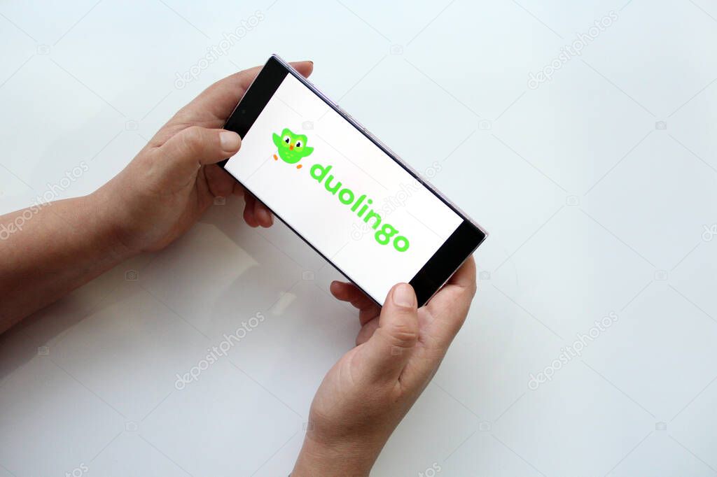 Mexico City, Mexico - Feb 22, 2025: Duolingo is a free web platform and app for learning languages such as English, French, German, Portuguese, Italian, Catalan, Esperanto, Guarani and Swedish
