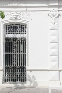 Merida, Yucatan, Meksika 'nın kaldırım taşı caddelerindeki evlerin kapı ve pencereleri..