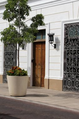 Merida, Yucatan, Meksika 'nın kaldırım taşı caddelerindeki evlerin kapı ve pencereleri..