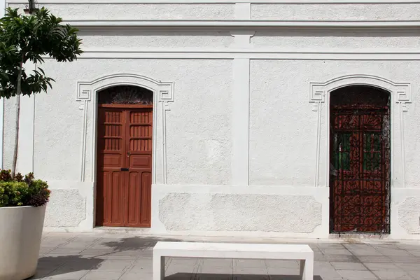 Merida, Yucatan, Meksika 'nın kaldırım taşı caddelerindeki evlerin kapı ve pencereleri..