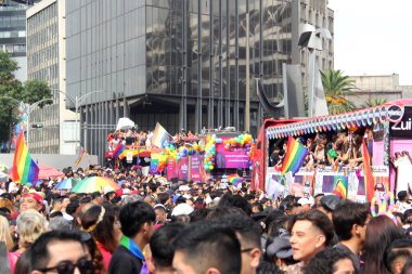 Mexico City, Mexico - 29 Haziran 2024: Onur Yürüyüşü, CDMX caddelerinde LGBTİ topluluğunun, lezbiyen, eşcinsel, biseksüel, trans ve interseksüel üyelerinin bir festival gösterisidir.