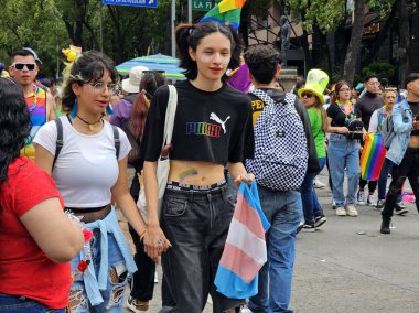 Mexico City, Mexico - 29 Haziran 2024: Onur Yürüyüşü, CDMX caddelerinde LGBTİ topluluğunun, lezbiyen, eşcinsel, biseksüel, trans ve interseksüel üyelerinin bir festival gösterisidir.
