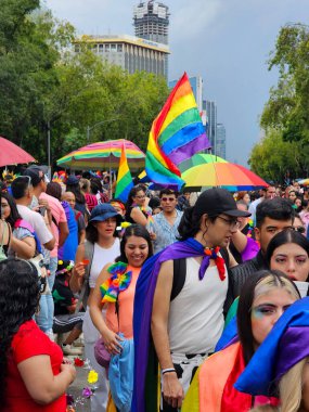 Mexico City, Mexico - 29 Haziran 2024: Onur Yürüyüşü, CDMX caddelerinde LGBTİ topluluğunun, lezbiyen, eşcinsel, biseksüel, trans ve interseksüel üyelerinin bir festival gösterisidir.