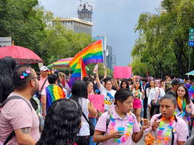 Mexico City, Mexico - 29 Haziran 2024: Onur Yürüyüşü, CDMX caddelerinde LGBTİ topluluğunun, lezbiyen, eşcinsel, biseksüel, trans ve interseksüel üyelerinin bir festival gösterisidir.