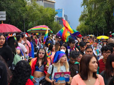 Mexico City, Mexico - 29 Haziran 2024: Onur Yürüyüşü, CDMX caddelerinde LGBTİ topluluğunun, lezbiyen, eşcinsel, biseksüel, trans ve interseksüel üyelerinin bir festival gösterisidir.