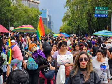 Mexico City, Mexico - 29 Haziran 2024: Onur Yürüyüşü, CDMX caddelerinde LGBTİ topluluğunun, lezbiyen, eşcinsel, biseksüel, trans ve interseksüel üyelerinin bir festival gösterisidir.