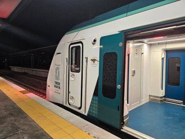 Merida, Yucatan, Meksika - 27 Ekim 2024: Güneydoğu Meksika 'ya giden Maya treni yolcuları ve koltukları olan bir arabanın içi